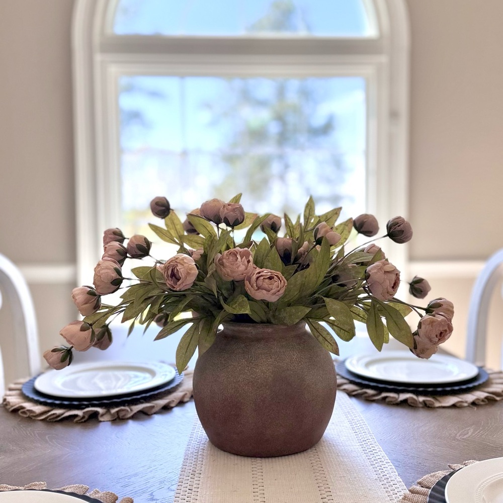 Viral Tan Peony Stems by Ashland Arrangement in rustic brown vase.